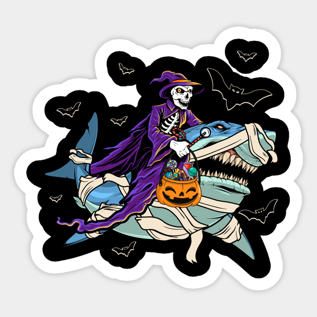 Skeleton Riding Mummy Shark Halloween Costume Sticker by antrazdixonlda